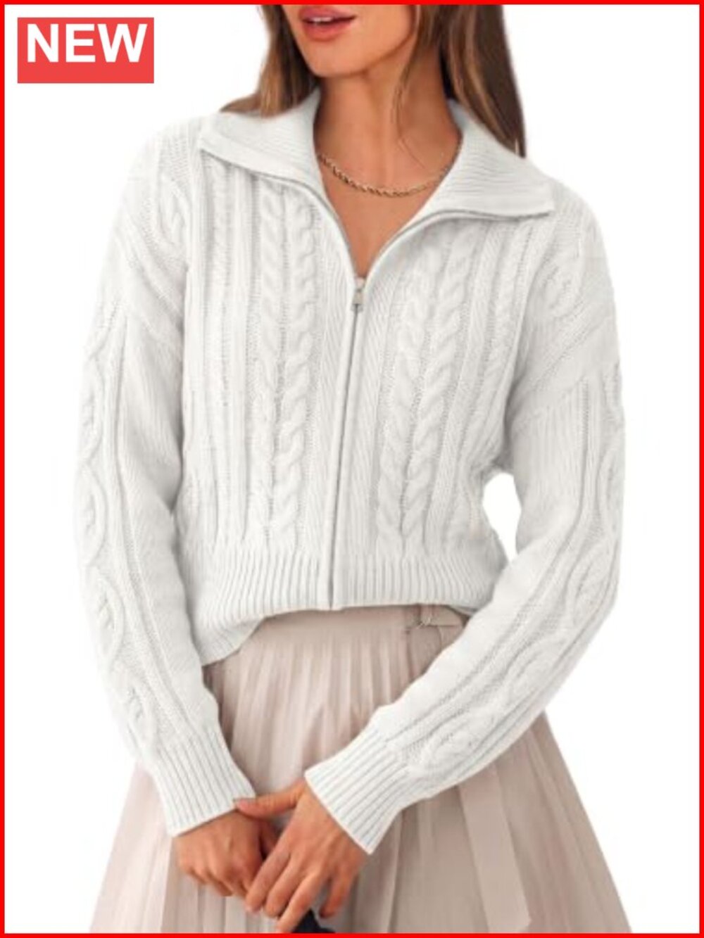 Cable Knit Cropped Cardigan Sweater Zip Up Long Sleeve